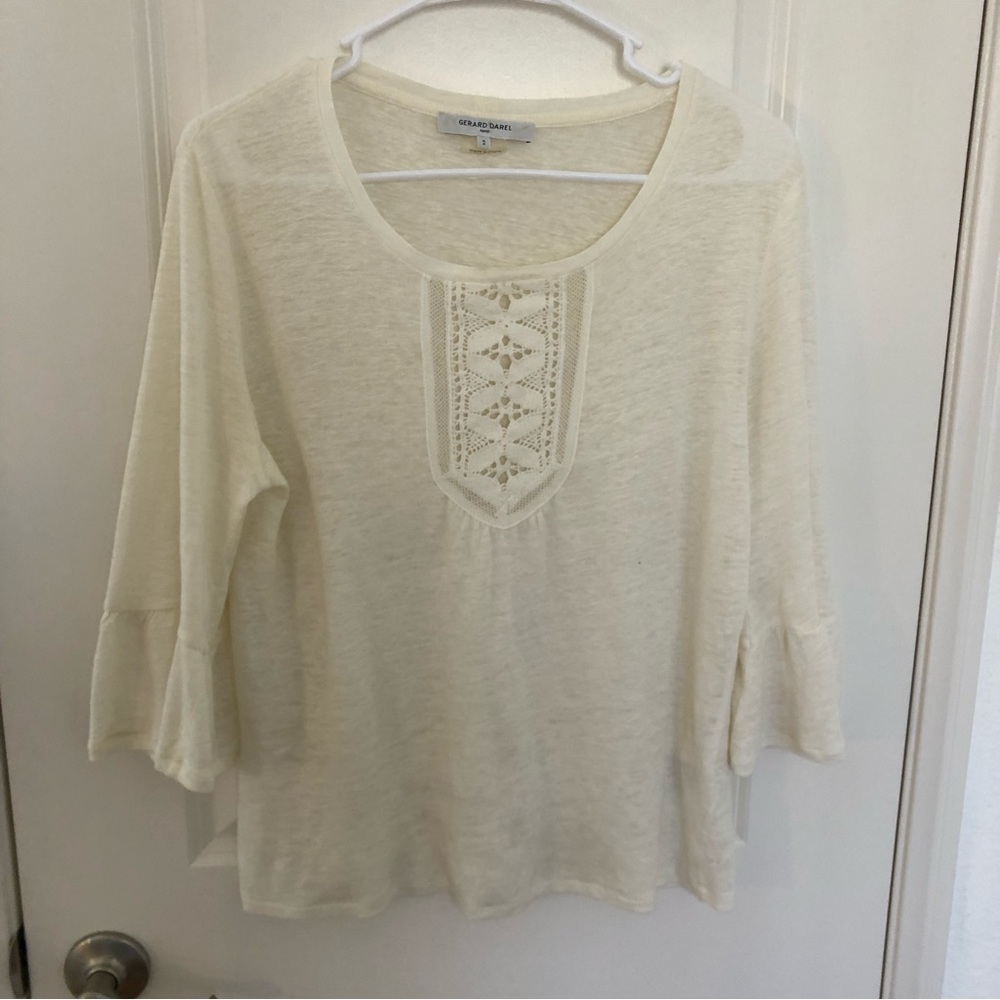 Gerard Darel Boho Embroidered crochet Linen Top Blouse cropped flare sleeve Sz 2
